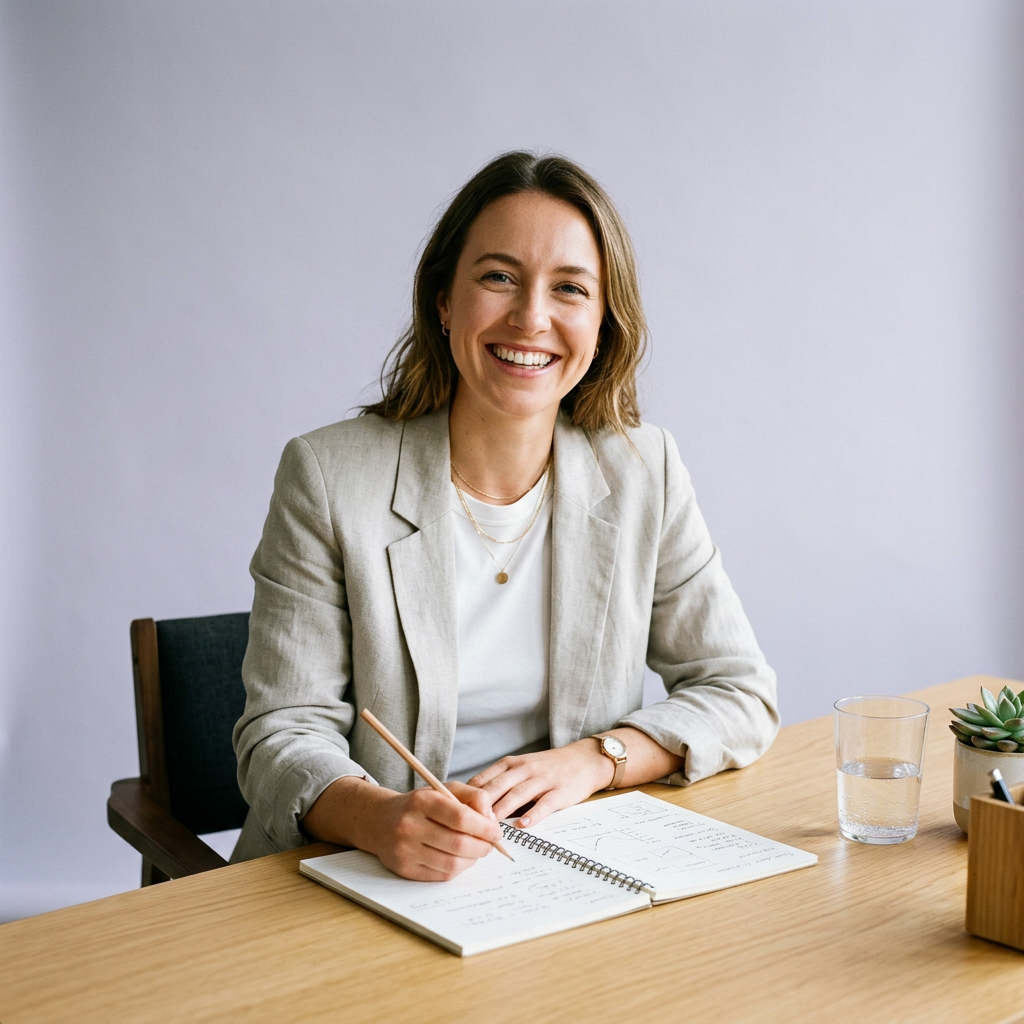 A smiling product manager at a desk with a notebook and a pencil