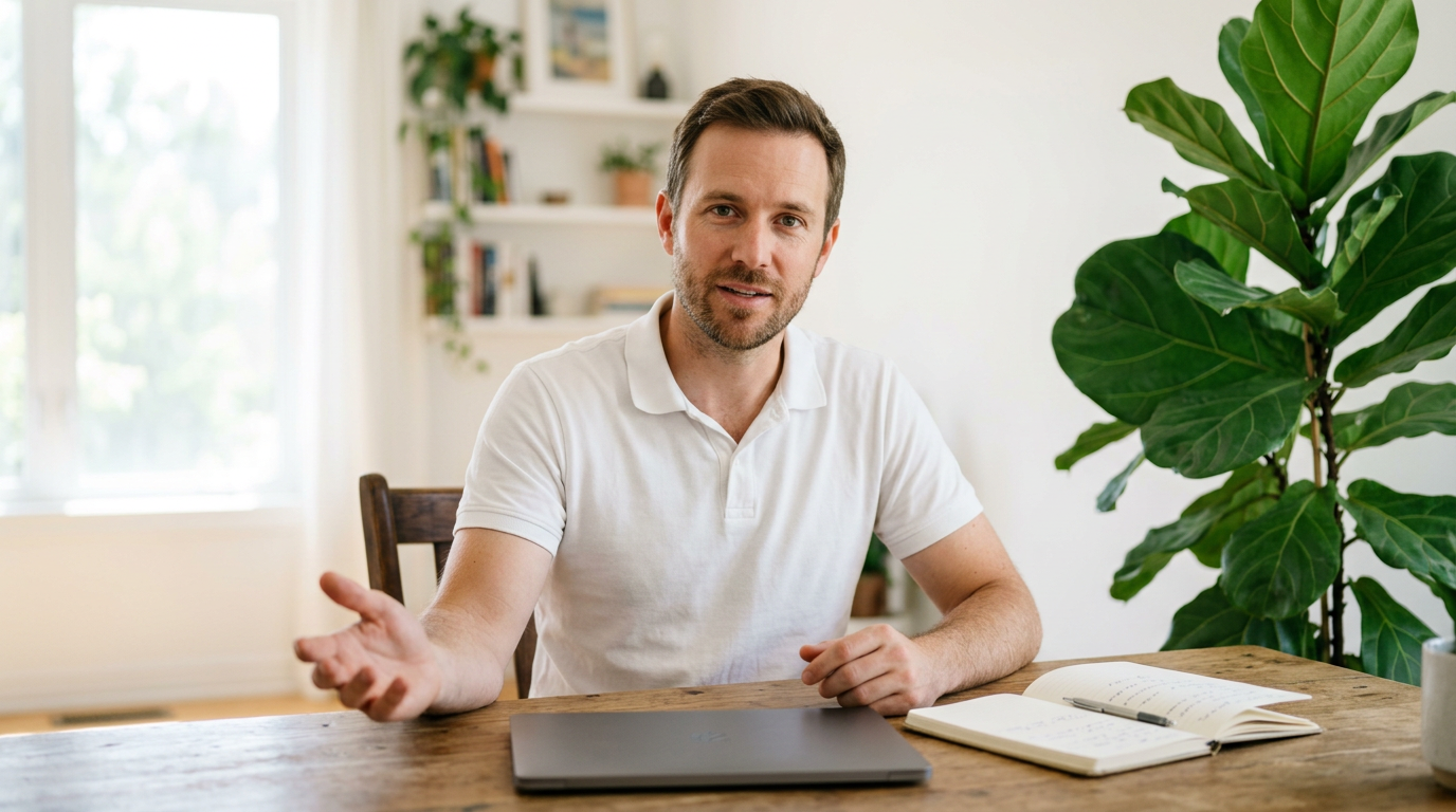 A consultant at a desk explaining an idea aloud